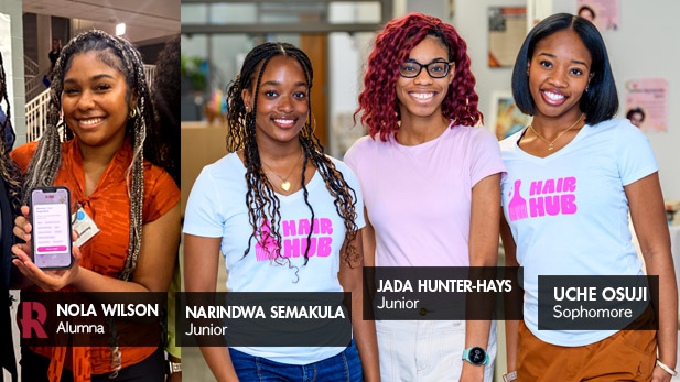 Left: Nola Wilson holds up her phone with the Hair Hub app open. Right: The three students smile, wearing pink or Hair Hub shirts with a pink logo.