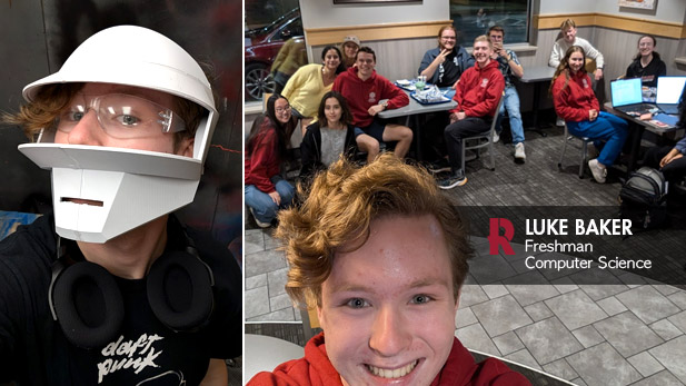 Left: Luke Baker poses in safety goggles, his red hair peeking out from the visor of the white helmet that covers his head, mouth, and chin.  Right: Luke Baker takes a selfie with a group of smiling students in a restaurant.