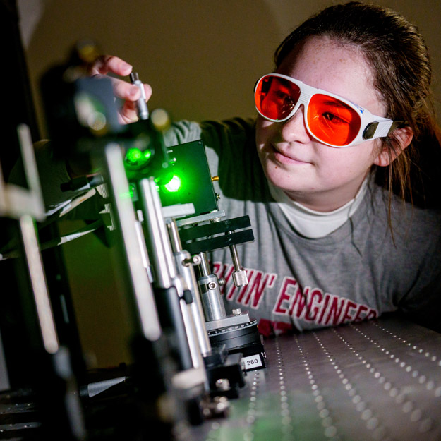Collage image of Macy Johnson at Rose-Hulman, including images from Orientation, cheer, and the optics lab.