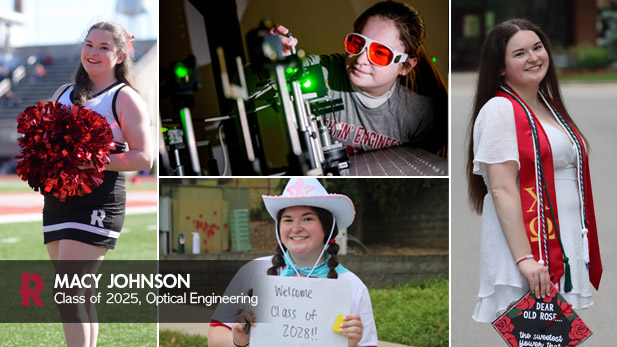 Collage image of Macy Johnson at Rose-Hulman, including images from Orientation, cheer, and the optics lab.
