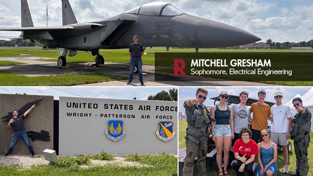 Collage image of Mitchell Gresham doing internship at Huntington Ingalls Industries, a contractor for the U.S. Air Force.