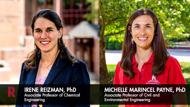 Profile collage photo of Associate Professor of Chemical Engineering Irene Reizman, PhD and civil and Roland E. Hutchins Endowed Chair and Associate Professor of Civil and Environmental Engineering Michelle Marincel Payne, PhD