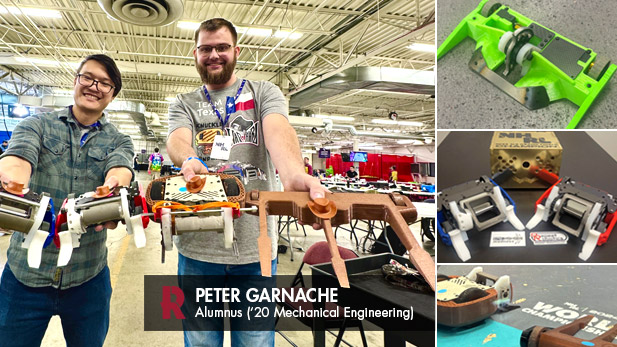 Peter Ganache shows off his combat robots, which are each topped with a small cowboy hat.