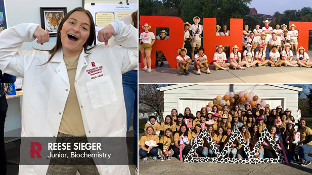 Left: Reese Sieger playfully flexes her muscles and shows off her personalized Rose-Hulman lab coat. Upper right: Orientation Team members pose by giant red letters spelling "RHIT". Lower right: Members of Delta Delta Delta holding stick horses and cowgirl hats cluster around giant Greek letters, which are decorated with cow print.