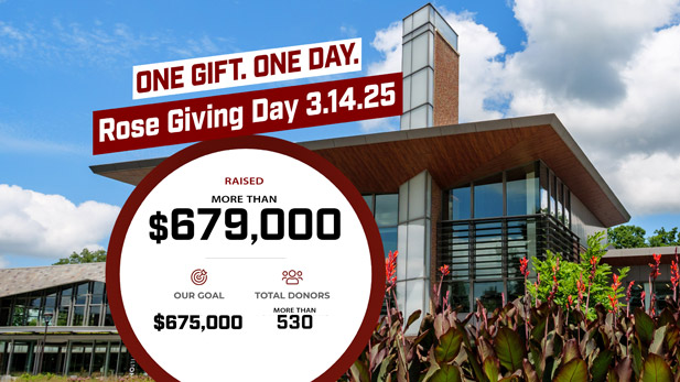 A graphic that reads: Rose Giving Day: Exceeding the goal of $675,000 from 533 donors