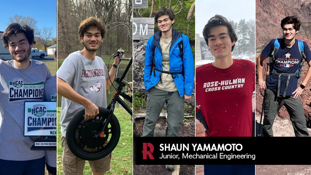 There are five photos. Left: Shaun Yamamoto holds the HCAC Cross Country Championship trophy. Second from left: Yamamoto holds the front of his electric bike. Middle: Yamamoto takes a hike during his study abroad in Japan. Second from right: Yamamoto enjoys a campus snowfall. Right: Yamamoto hikes across rocky terrain.