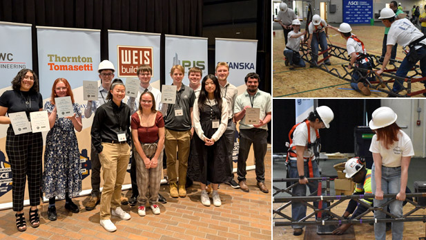 Rose-Hulman's Steel Bridge team on stage accepting their award, along with two smaller images of the team building its bridge.