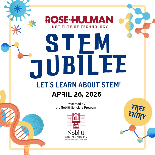 A promotional flyer for the Rose-Hulman Institute of Technology's "STEM Jubilee" event and a group of students and facilitators engaged in a hands-on STEM activity for SPARK event.