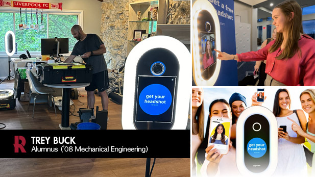 Groups of smiling people use Buck's popcam kiosk, which includes a screen and lens surrounded by a brightly lit oval.