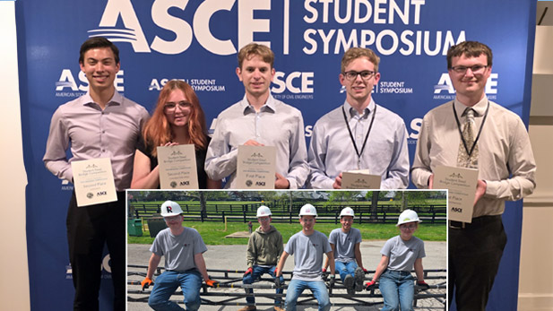 A group of students stands in front of an ASCE Student Symposium backdrop holding award certificates, with an inset photo showing their steel bridge team wearing hard hats and posing with their constructed bridge.