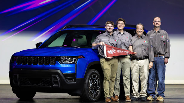Rose-Hulman students Reese Rouch and Brian Fischer join faculty Marc Herniter, PhD, and Zac Chambers, PhD, at the April 13, 2026 EcoCar Challenge launch.