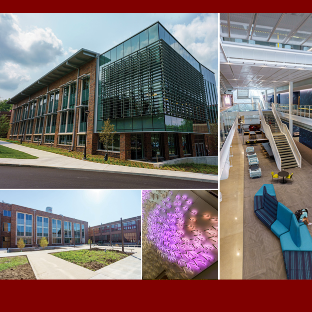 Photo collage of Exterior and interior Fowler Academic Building