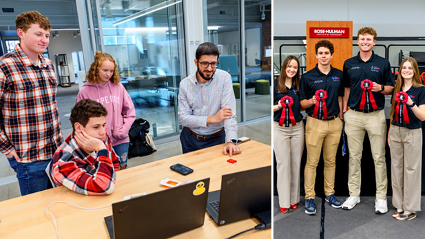 Collage of three photos featuring Rose-Hulman students working on their senior design capstone project, PneumaNode. Two images show a team of biology and biomedical engineering students collaborating  in a lab setting and the third image shows four team members holding award ribbons.