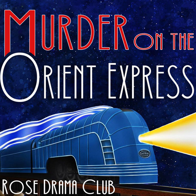 Cartoon train at night with the Rose Drama Club logo.
