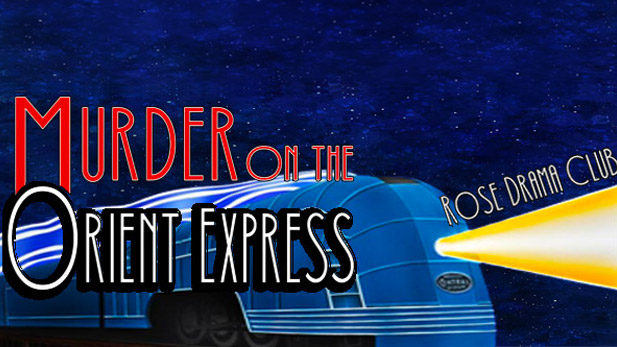Cartoon train at night with the Rose Drama Club logo.