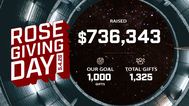 Rose Giving Day Result graphic: Raised $736,343, Goal Gifts - 1,000, Total Gifts - 1,325 